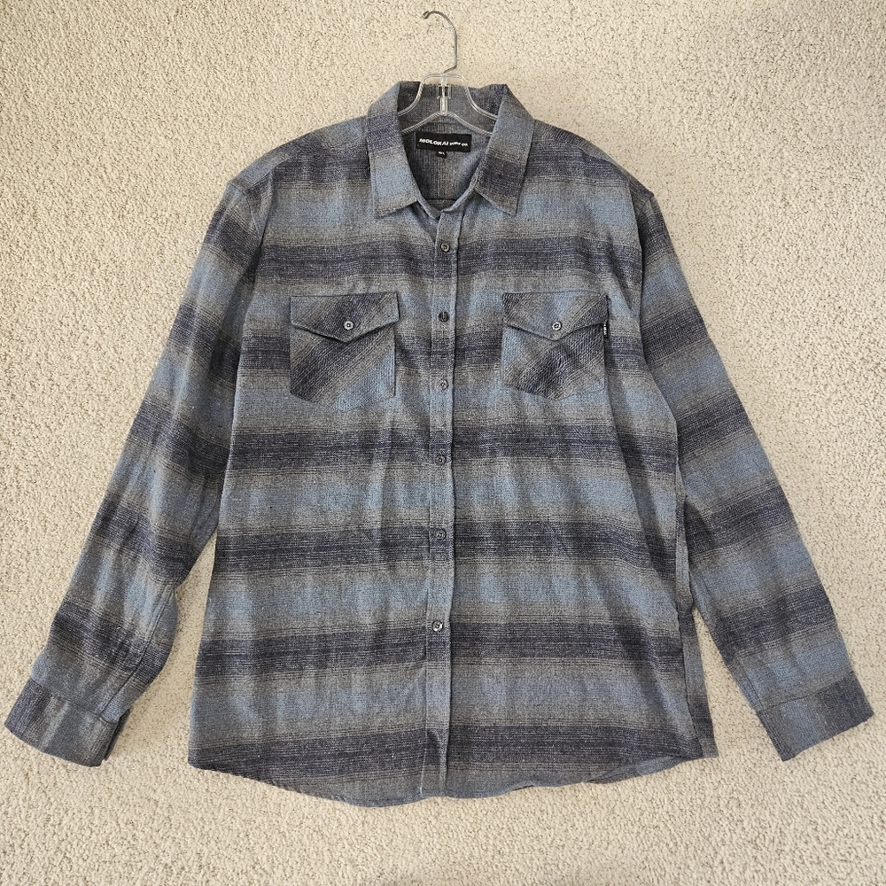 Molokai Flannel Shirt Mens Gray Blue Stripe Outdoor Button Up Long Sleeve Pocket